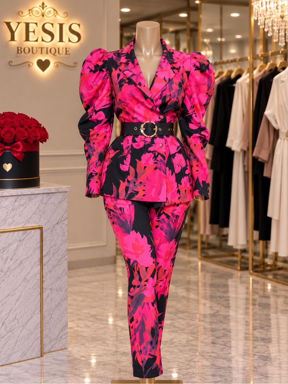 Fashion Nova Pink & Black Floral Blazer Jumpsuit Set